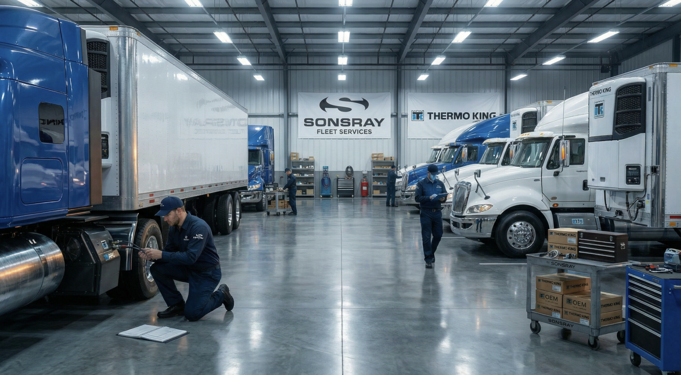 Sonsray Fleet Services inspection bay with trucks and technicians