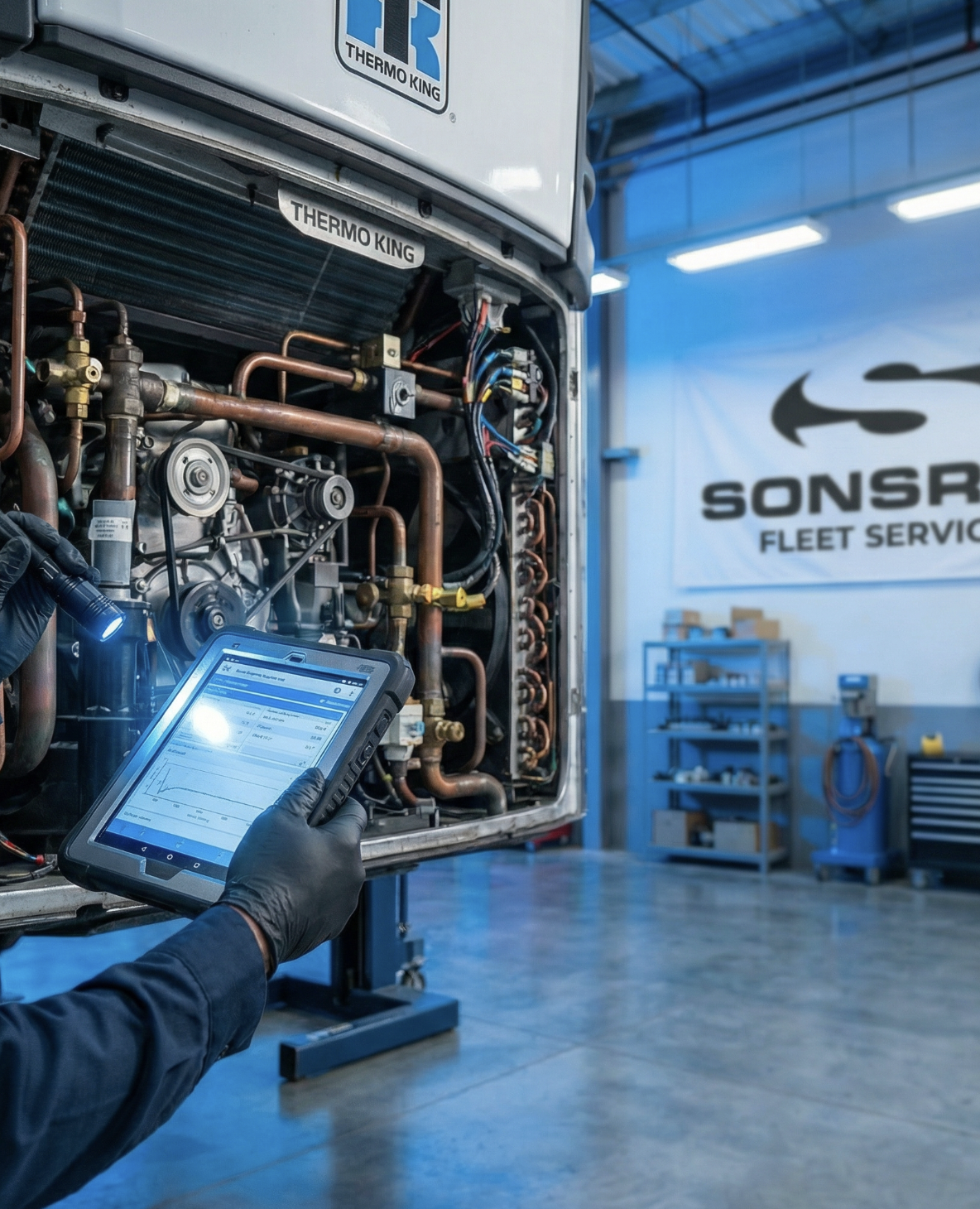 Technician running diagnostics with tablet