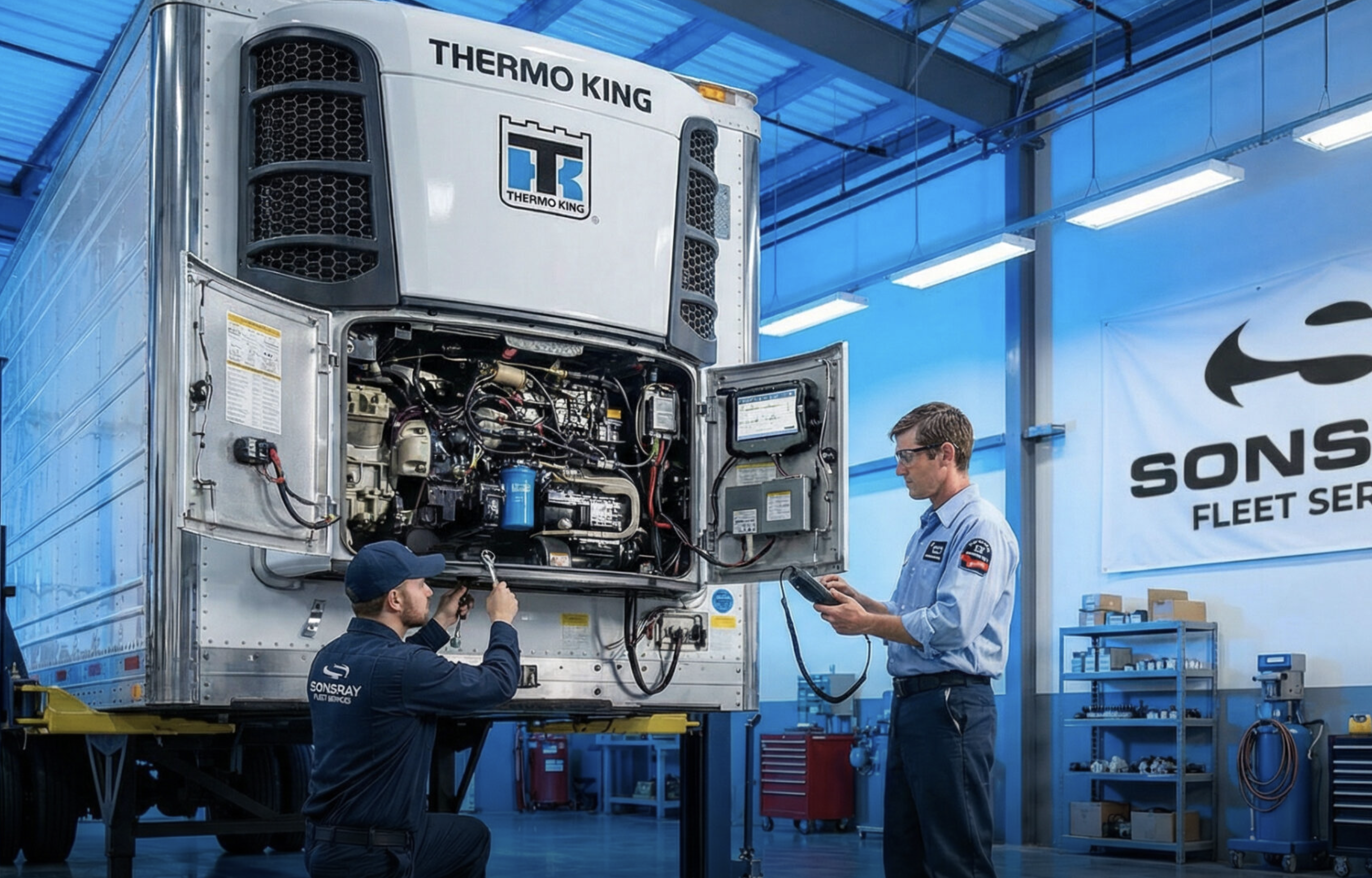 Technicians inspecting Thermo King unit in shop
